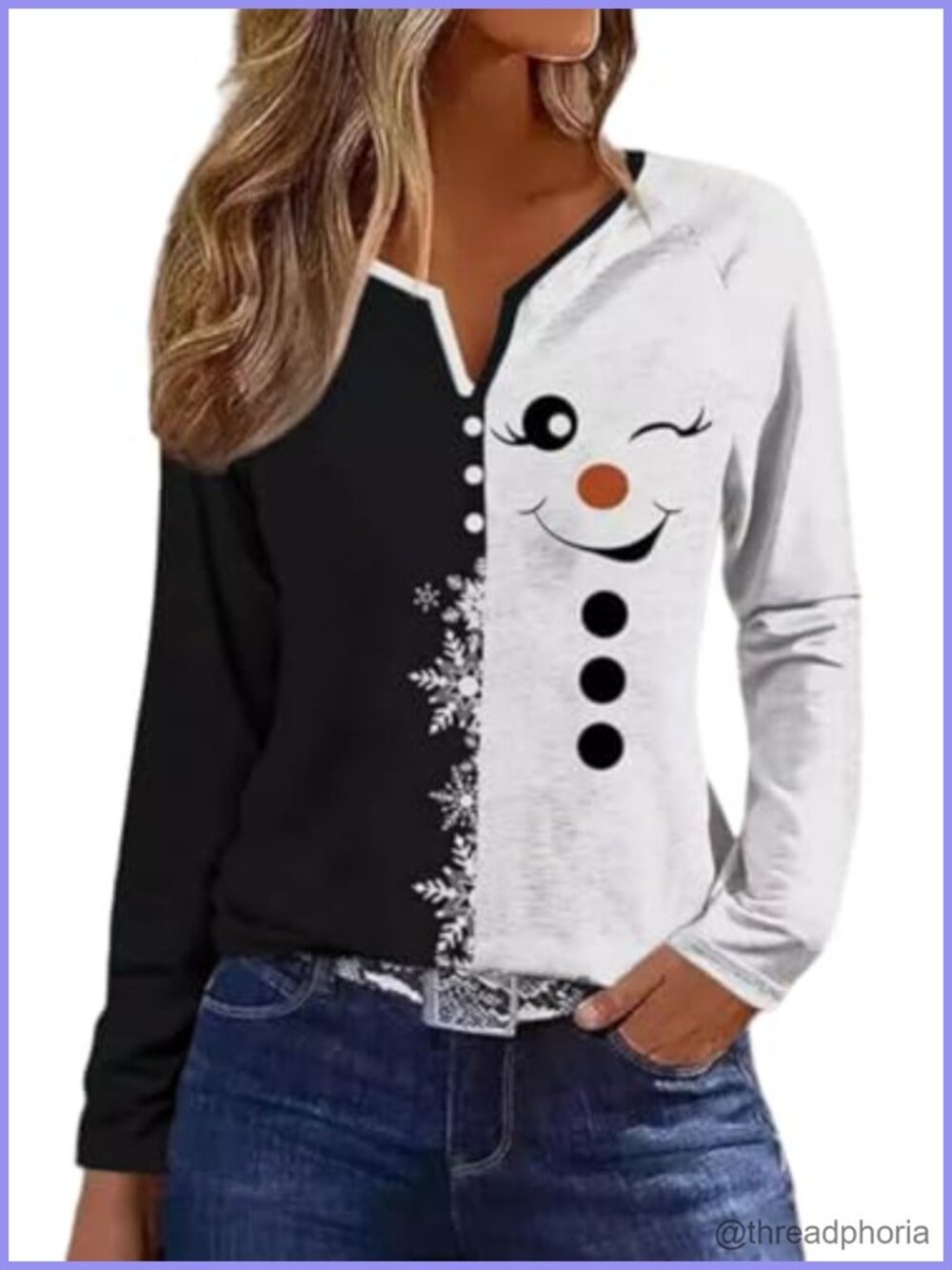 Womens Long Sleeve Notch Neck Christmas T-Shirt Cotton Blend Raglan Tee